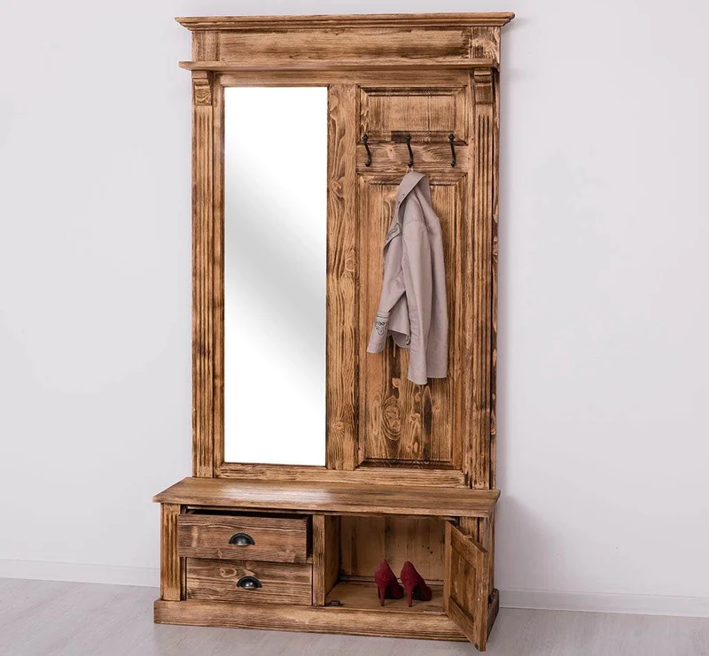 Garderobe aus Massivholz mit Spiegel und Staufächern