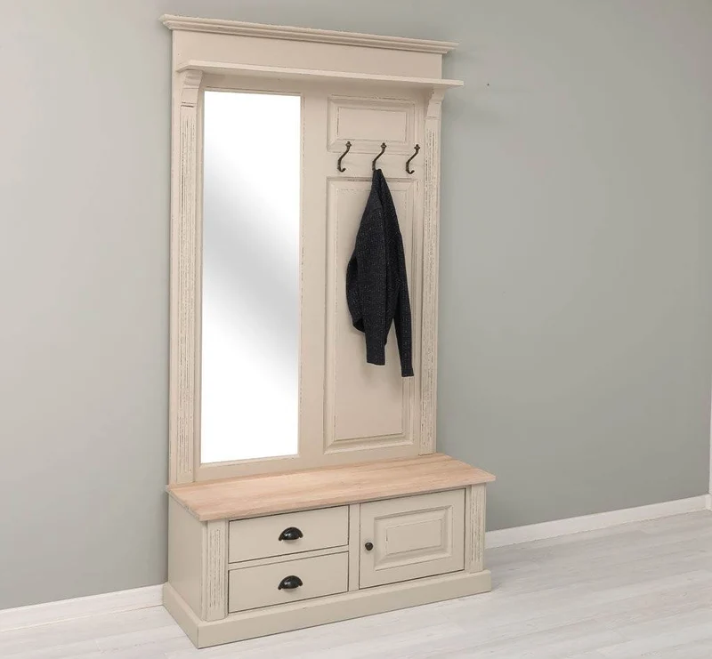 Garderobe aus Massivholz mit Spiegel und Staufächern