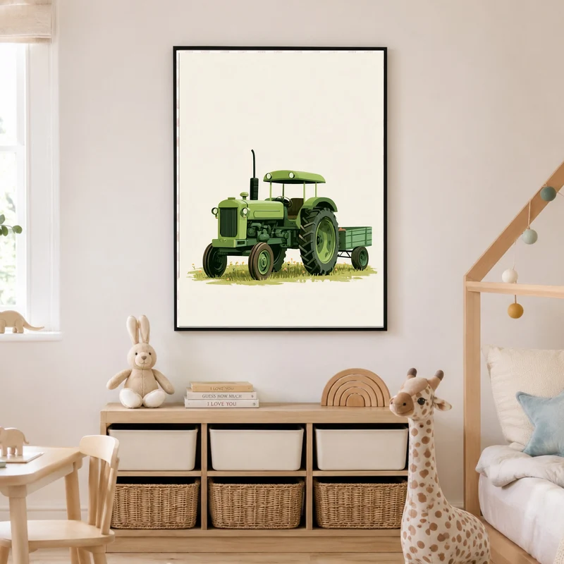 Grüner Traktor auf Wiese Poster