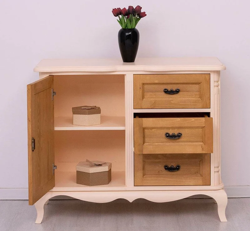 Sideboard aus Massivholz mit Tür und 3 Schubladen | Kommode mit geschwungenen Füßen | Barock