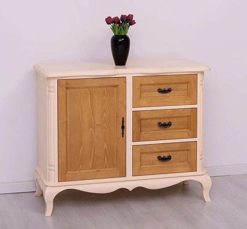 Sideboard aus Massivholz mit Tür und 3 Schubladen | Kommode mit geschwungenen Füßen | Barock