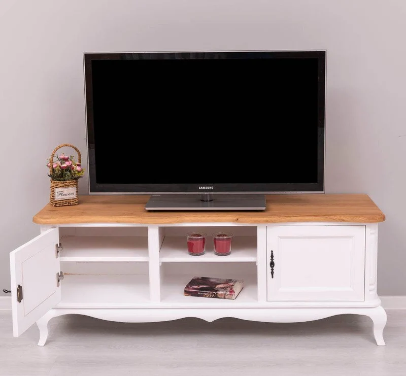 TV Sideboard aus Massivholz mit 2 Türen | Kommode mit geschwungenen Füßen | Eichenplatte
