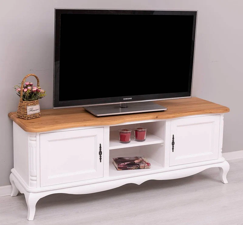 TV Sideboard aus Massivholz mit 2 Türen | Kommode mit geschwungenen Füßen | Eichenplatte