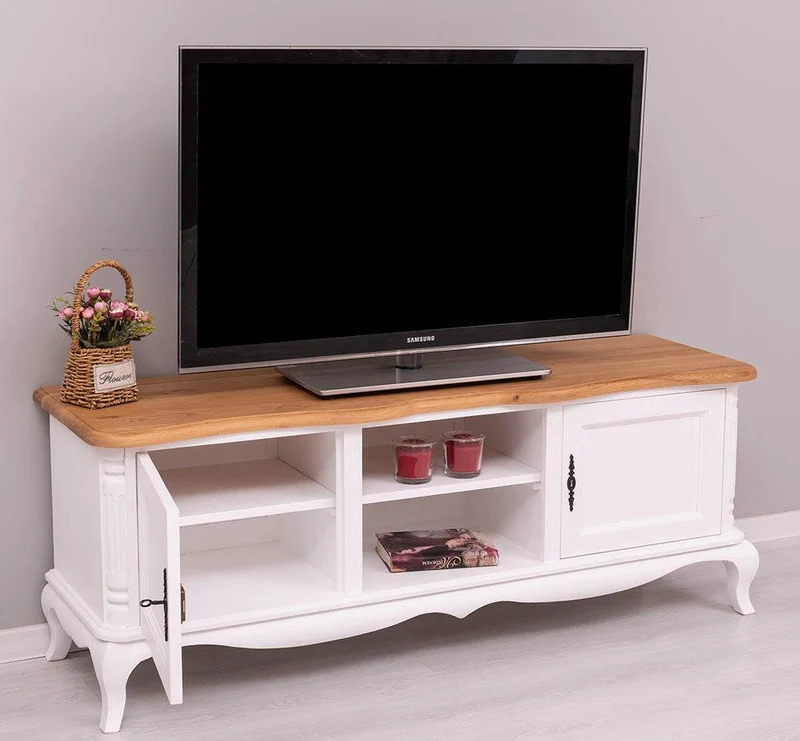 TV Sideboard aus Massivholz mit 2 Türen | Kommode mit geschwungenen Füßen | Eichenplatte