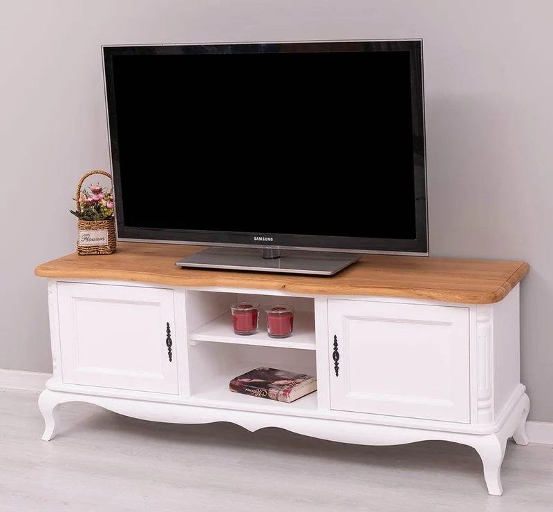 TV Sideboard aus Massivholz mit 2 Türen | Kommode mit geschwungenen Füßen | Eichenplatte