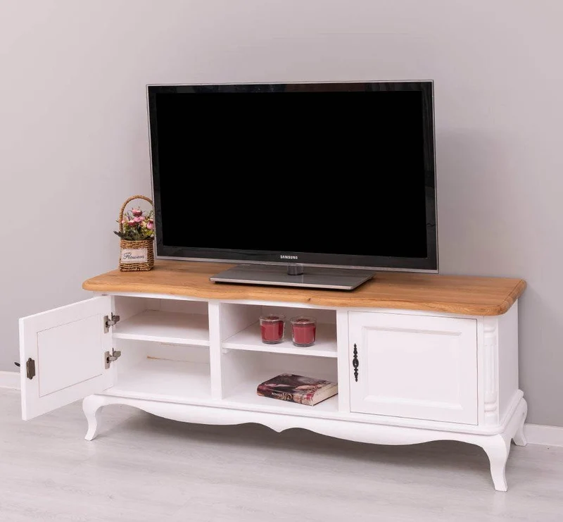 TV Sideboard aus Massivholz mit 2 Türen | Kommode mit geschwungenen Füßen | Eichenplatte