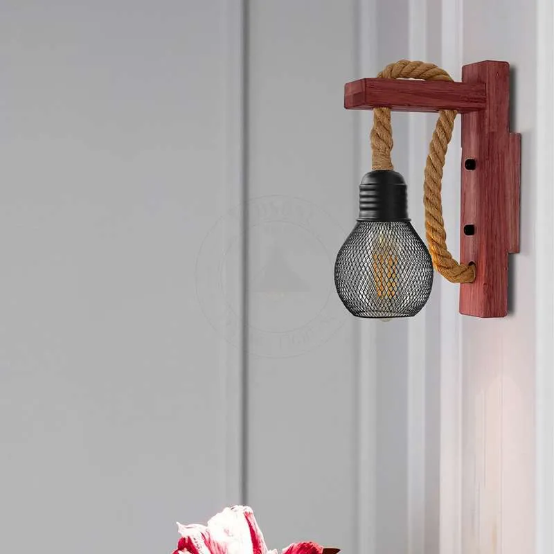 Vintage Wandlampe Holz Hanfseil Metallkäfig Wandleuchte ~2634