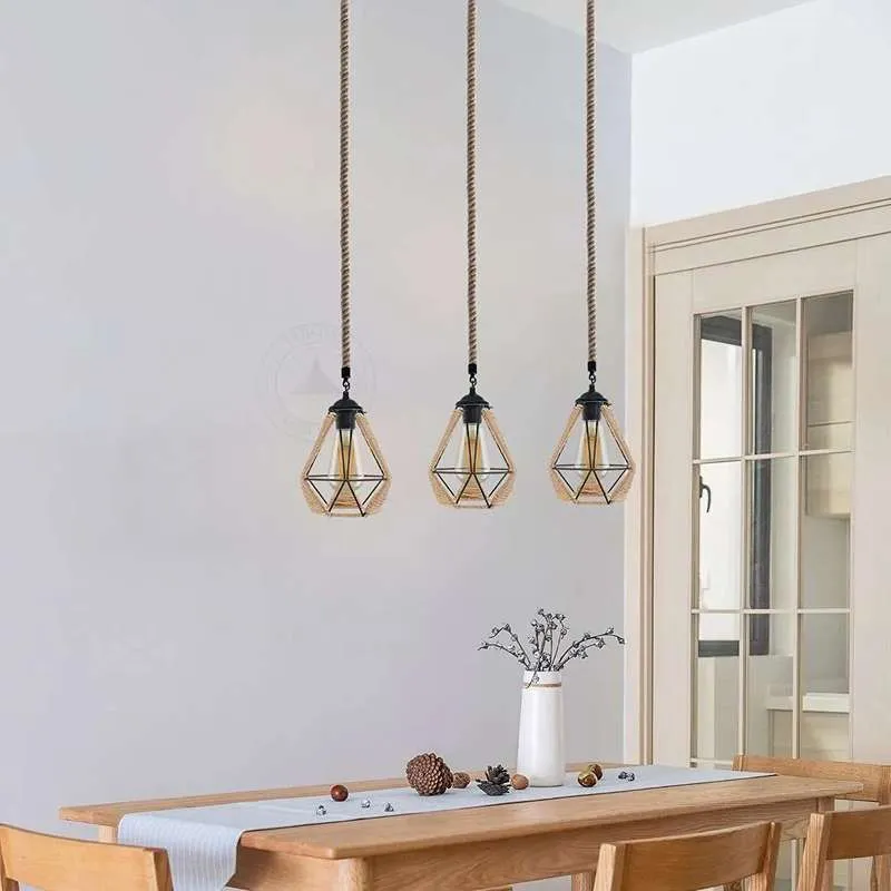 Industrielle Vintage-Pendelleuchte Hanfseil & Metallkäfig~2633