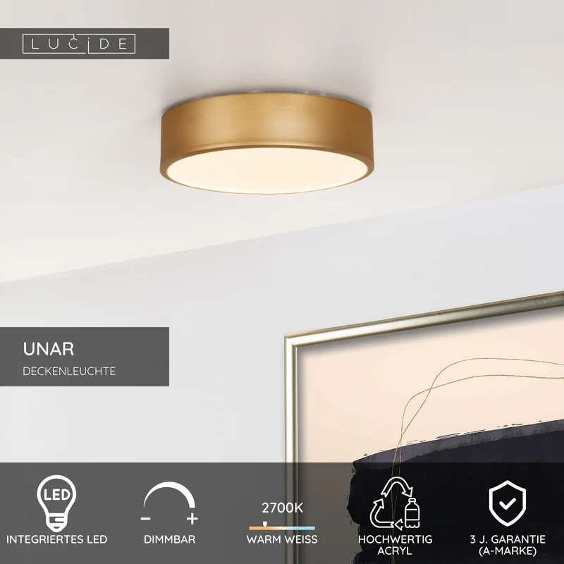 LED-Deckenleuchte Unar 3-Stufen dimmbar Ø 20cm Warmweiß