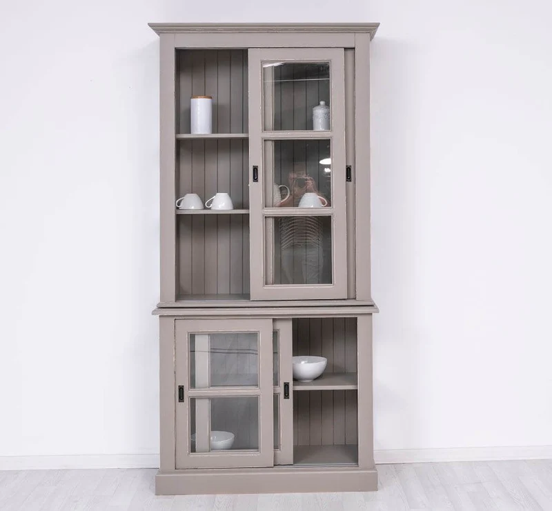 Große Vitrine aus Massivholz - 2 teilig | Geschirrschrank mit 2 Schiebetüren