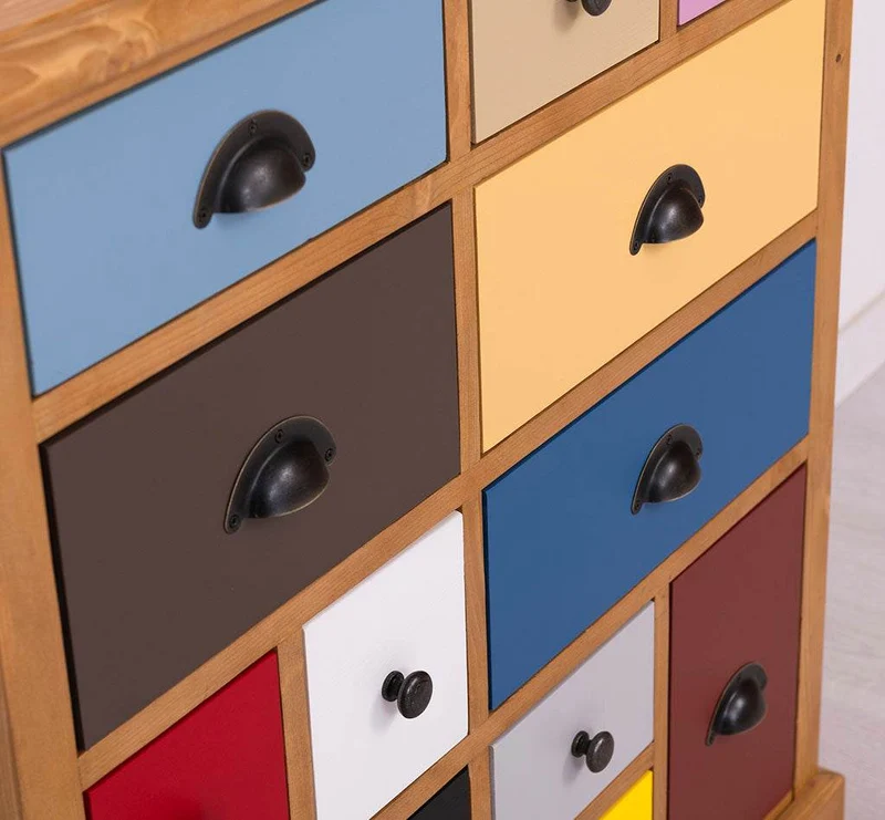 Apothekerschrank aus Massivholz mit 13 Schubladen - mehrfarbige Kommode