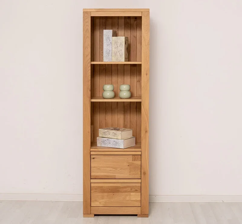 Moderner Bücherschrank aus massiver Wildeiche mit zwei Schubladen