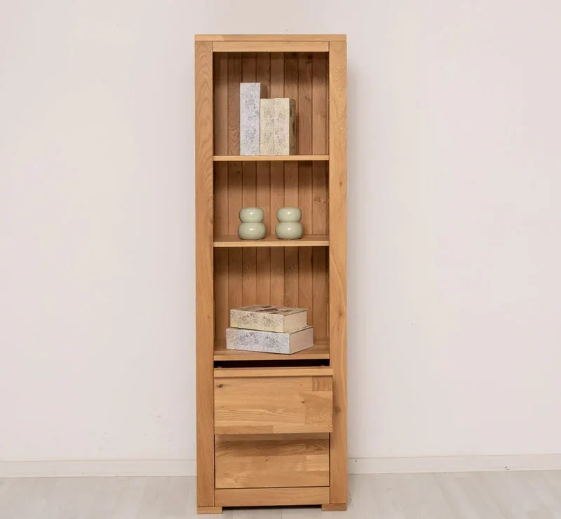 Moderner Bücherschrank aus massiver Wildeiche mit zwei Schubladen