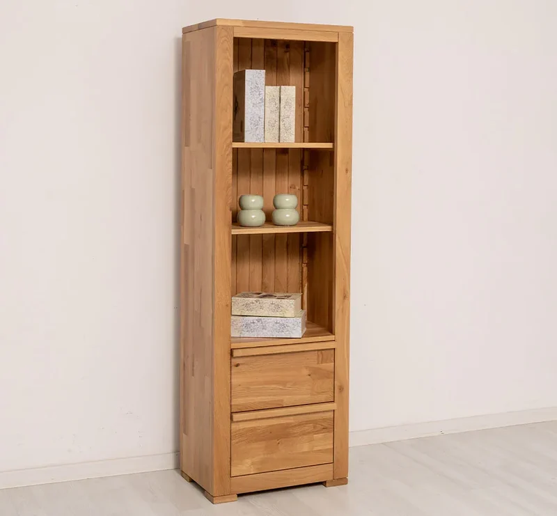 Moderner Bücherschrank aus massiver Wildeiche mit zwei Schubladen