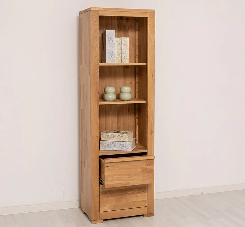 Moderner Bücherschrank aus massiver Wildeiche mit zwei Schubladen