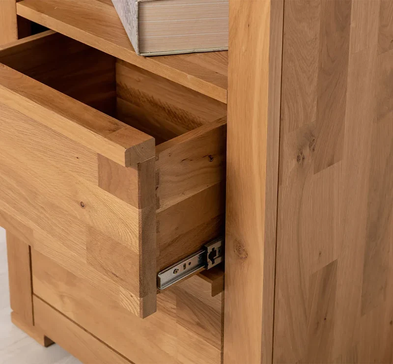 Moderner Bücherschrank aus massiver Wildeiche mit zwei Schubladen