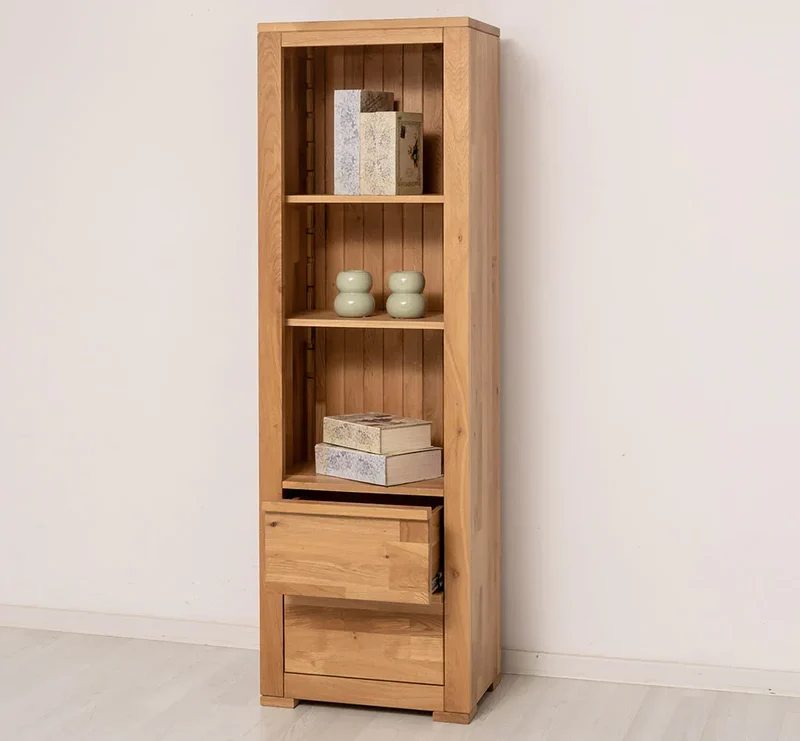 Moderner Bücherschrank aus massiver Wildeiche mit zwei Schubladen