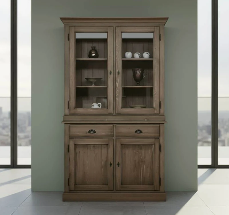 Geschirrvitrine aus Massivholz | 2 Schubladen | 4 Türen | 2- teilig