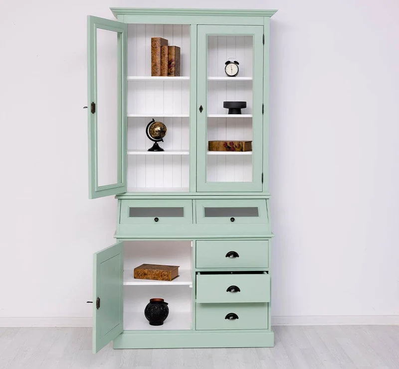 Schmaler Vitrinenschrank aus Massivholz mit Kippfächern | Geschirrschrank mit Display | 2- teilig