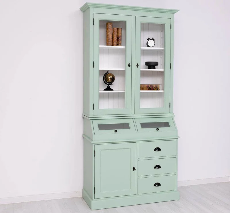 Schmaler Vitrinenschrank aus Massivholz mit Kippfächern | Geschirrschrank mit Display | 2- teilig