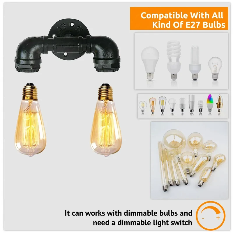 Industrie Wandleuchte Wasserrohr Doppel Metall E27~2322