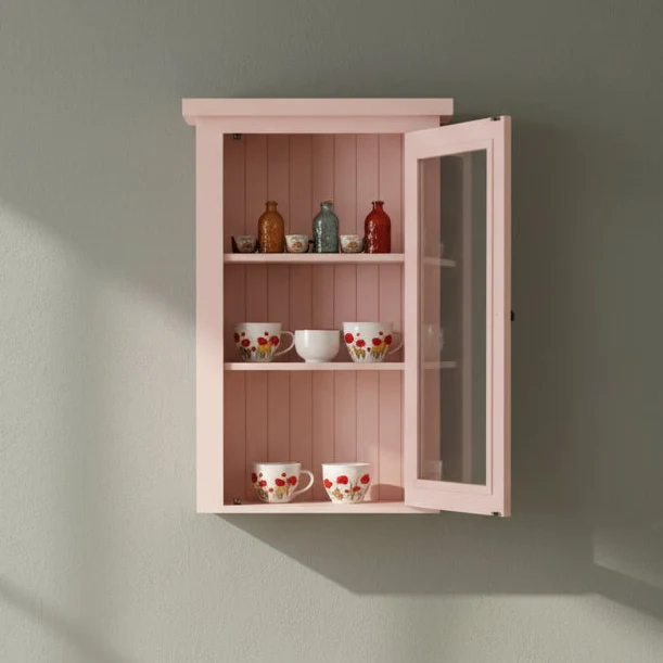 Schmaler Hängeschrank aus Massivholz mit Glastür | Geschirrvitrine hängend