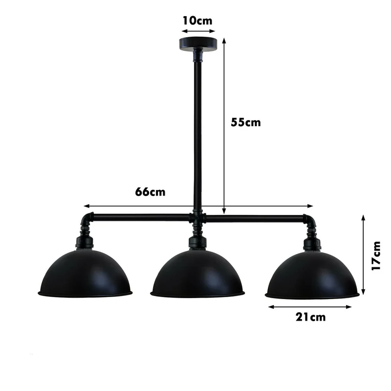 Verzinkte 3-Kopf-Wasserrohr-Deckenleuchte mit schwarzem Kuppelschirm Rohrlampen~2315