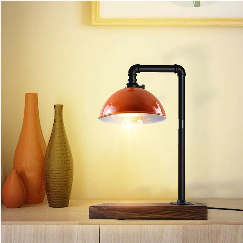 Schwarze Industrie-Tischlampe Steampunk Schreibtisch Tisch mit orangefarbenem Schirm Rohrlampen~2313