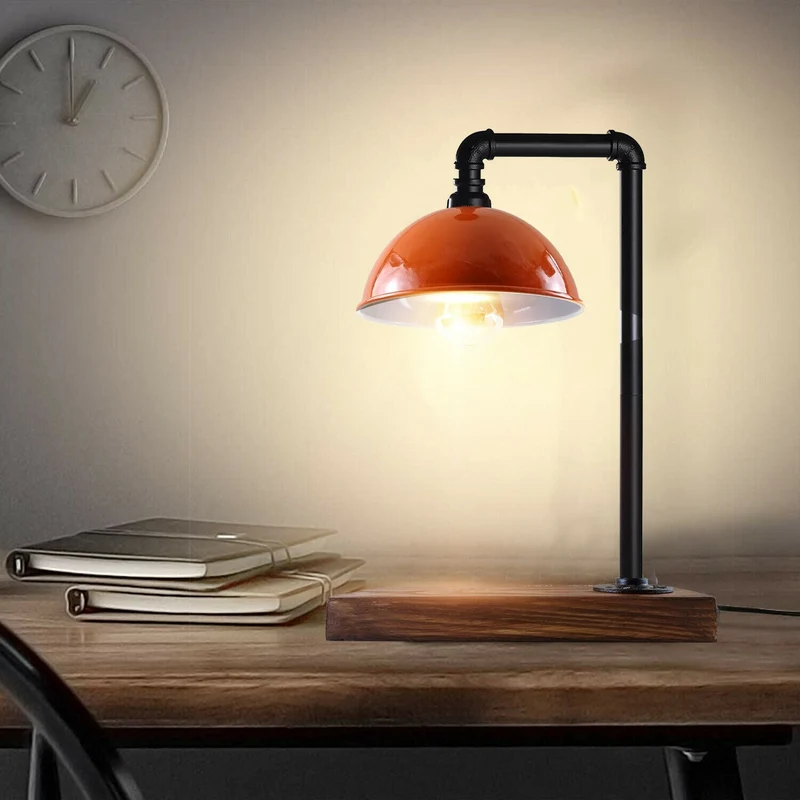 Schwarze Industrie-Tischlampe Steampunk Schreibtisch Tisch mit orangefarbenem Schirm Rohrlampen~2313