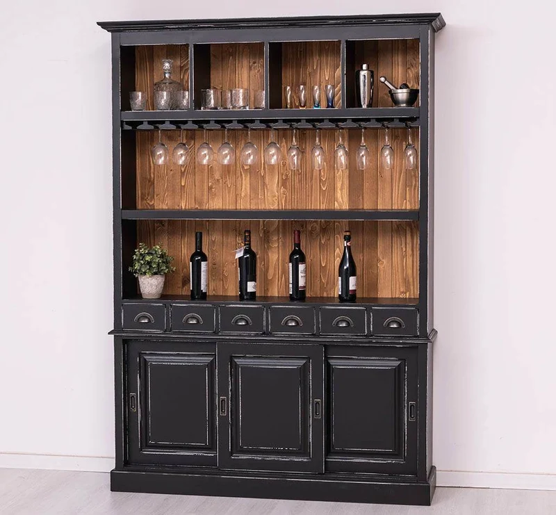 Buffetschrank aus Massivholz mit Glashalterungen in schwarz