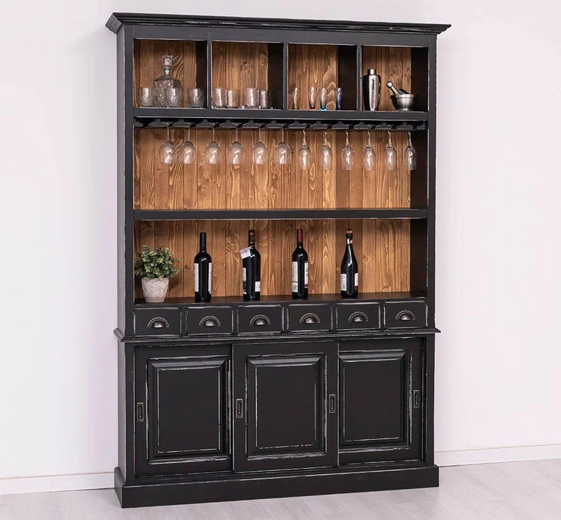 Buffetschrank aus Massivholz mit Glashalterungen in schwarz