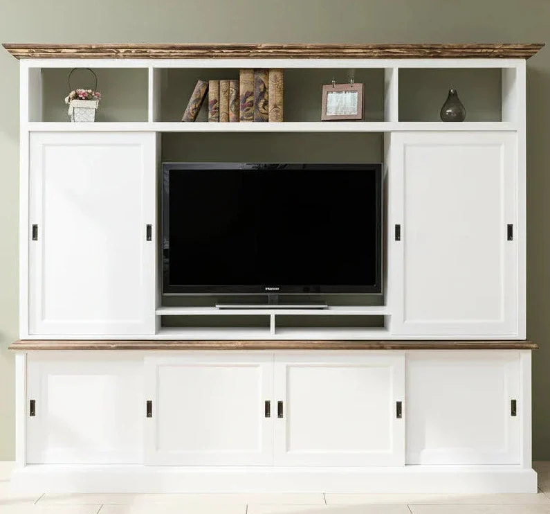 TV-Wand aus Massivholz mit Schiebetüren 2 teilig