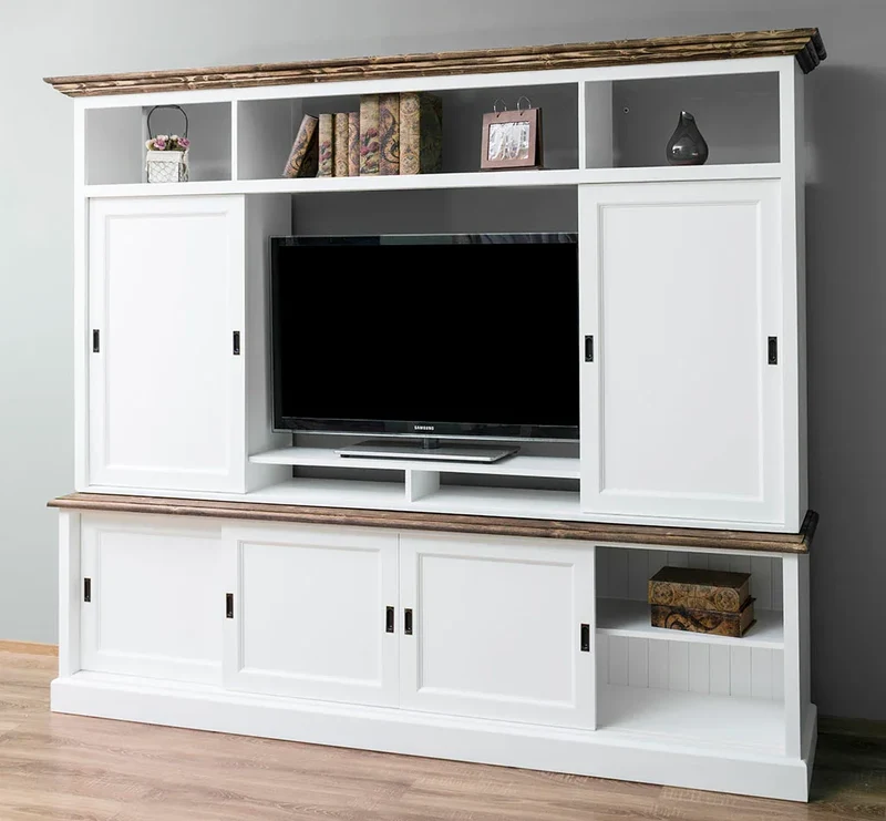 TV-Wand aus Massivholz mit Schiebetüren 2 teilig