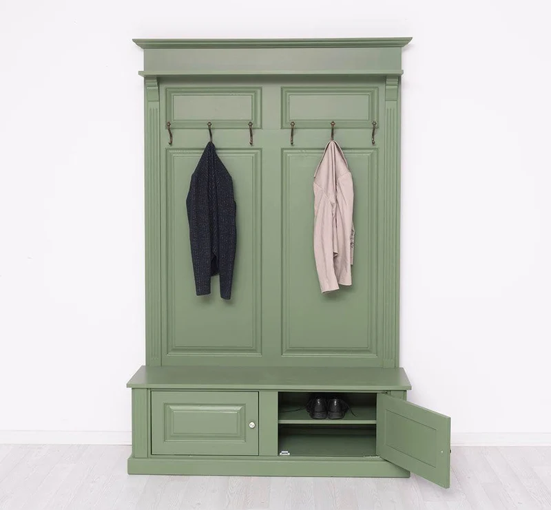 Garderobe aus Massivholz mit 6 Haken und 2 Staufächern unifarben