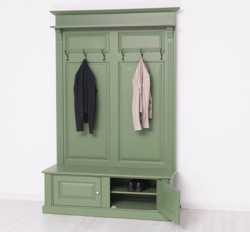 Garderobe aus Massivholz mit 6 Haken und 2 Staufächern unifarben