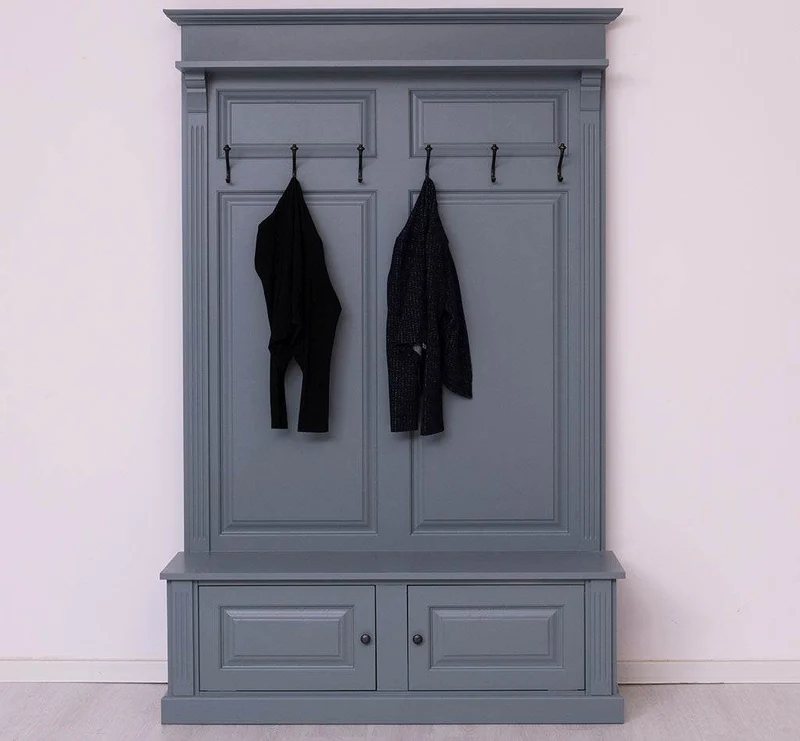 Garderobe aus Massivholz mit 6 Haken und 2 Staufächern unifarben
