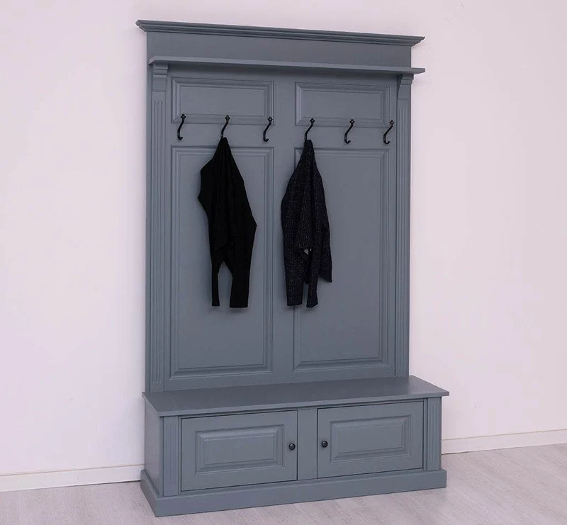 Garderobe aus Massivholz mit 6 Haken und 2 Staufächern unifarben