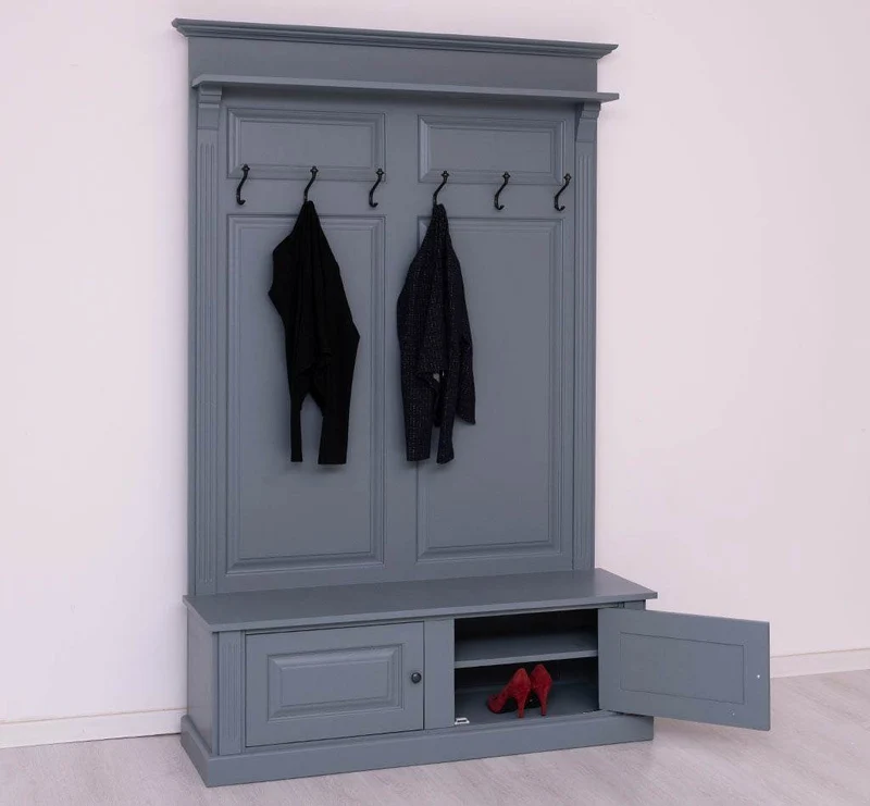 Garderobe aus Massivholz mit 6 Haken und 2 Staufächern unifarben