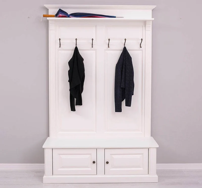Garderobe aus Massivholz mit 6 Haken und 2 Staufächern unifarben
