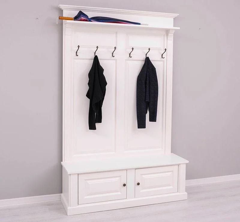 Garderobe aus Massivholz mit 6 Haken und 2 Staufächern unifarben