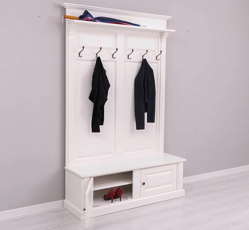 Garderobe aus Massivholz mit 6 Haken und 2 Staufächern unifarben