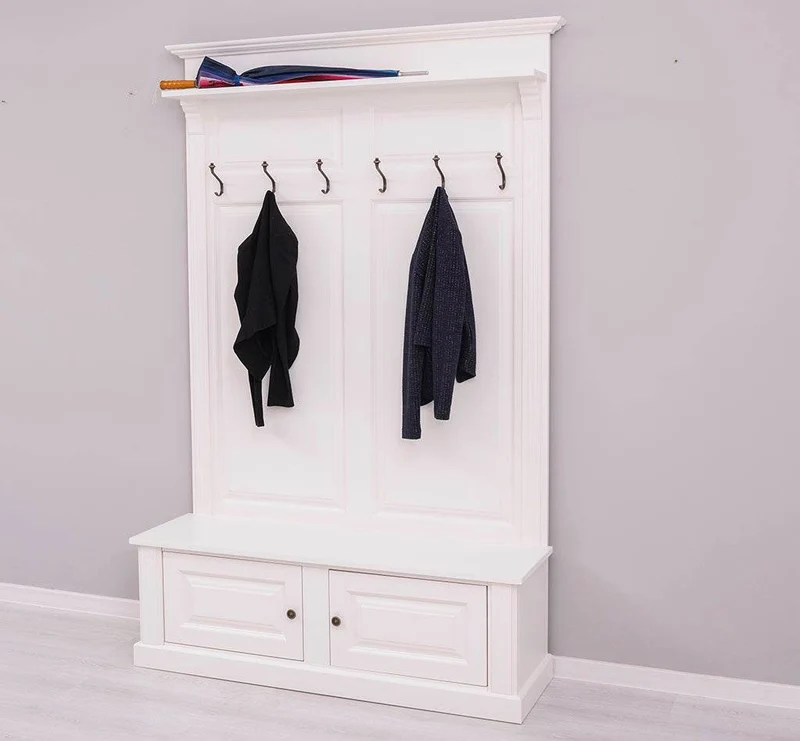 Garderobe aus Massivholz mit 6 Haken und 2 Staufächern unifarben