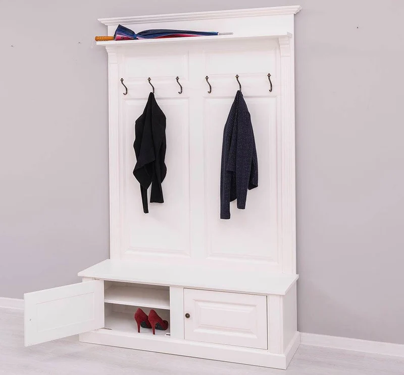 Garderobe aus Massivholz mit 6 Haken und 2 Staufächern unifarben