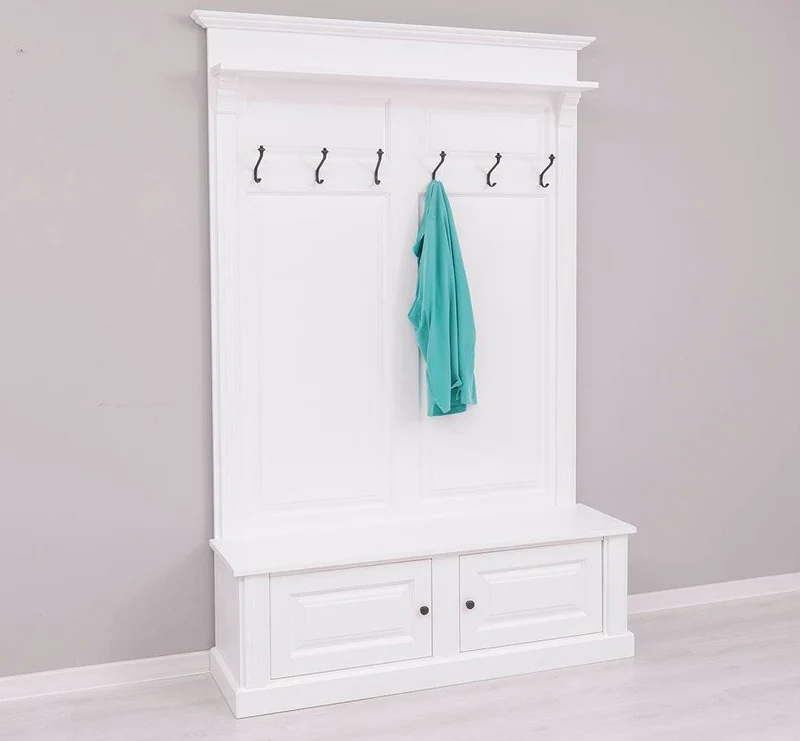 Garderobe aus Massivholz mit 6 Haken und 2 Staufächern unifarben