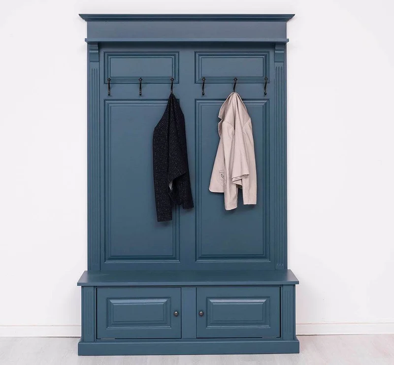 Garderobe aus Massivholz mit 6 Haken und 2 Staufächern unifarben