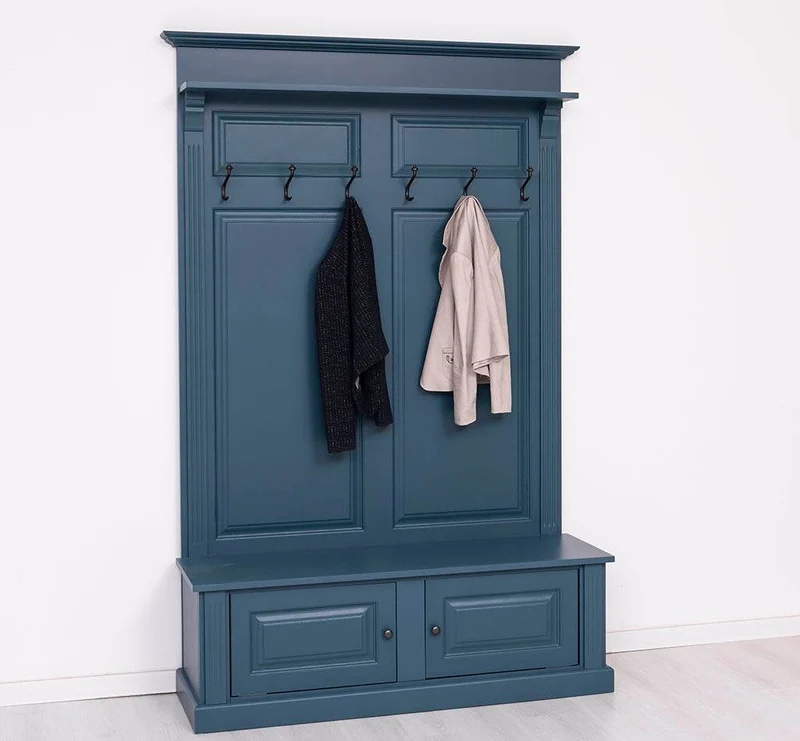 Garderobe aus Massivholz mit 6 Haken und 2 Staufächern unifarben