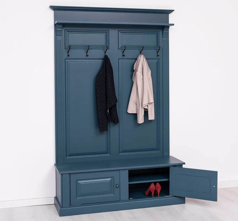 Garderobe aus Massivholz mit 6 Haken und 2 Staufächern unifarben