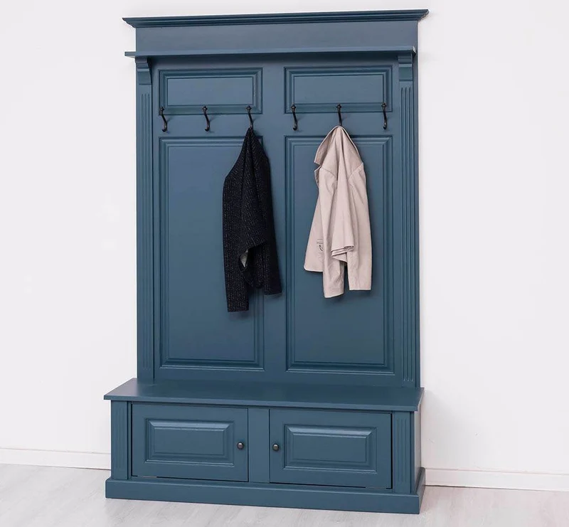 Garderobe aus Massivholz mit 6 Haken und 2 Staufächern unifarben