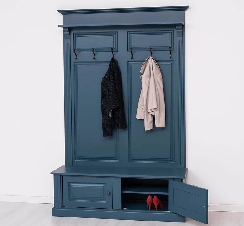 Garderobe aus Massivholz mit 6 Haken und 2 Staufächern unifarben
