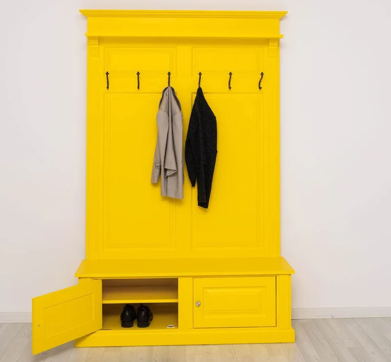 Garderobe aus Massivholz mit 6 Haken und 2 Staufächern unifarben